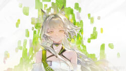  1girl absurdres animal_ear_fluff animal_ears arknights bare_shoulders bright_pupils cat_ears cat_girl chinese_commentary closed_mouth commentary_request criss-cross_halter futuantuanzi green_eyes halterneck highres kal'tsit_(arknights) kal'tsit_esperanta_(arknights) long_hair solo straight-on upper_body watermark weibo_watermark white_hair 