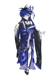  1girl black_choker black_gloves black_hair black_kimono black_shoes blue_eyes blue_hair butterfly_hair_ornament chinese_commentary choker closed_mouth commentary_request earrings eyeball_hair_ornament eyepatch frilled_sleeves frills full_body genderswap genderswap_(mtf) gloves hair_ornament highres japanese_clothes jewelry kimono long_hair long_sleeves looking_at_viewer mahou_shoujo_no_majo_saiban multicolored_hair obi omokage_yugamu pantyhose parody print_eyepatch print_kimono sash shoes simple_background smile solo standing textless_version the_hundred_line_-last_defense_academy- white_background white_pantyhose wide_sleeves xiaozhao_aki 