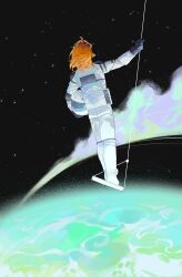  1girl absurdres astronaut black_gloves commentary_request fate/grand_order fate_(series) floating_hair from_behind fujimaru_ritsuka_(female) full_body gloves gyeoulgam helmet highres holding holding_unworn_helmet korean_commentary orange_hair planet project_hail_mary sky solo space_helmet star_(sky) starry_sky unworn_headwear unworn_helmet 