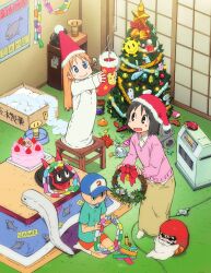  2girls absurdres anime_coloring aqua_shirt artist_request bandana baseball_cap biscuit_2 black_cat black_hair blonde_hair blue_eyes blue_hat bowl box brown_skirt cake cardboard_box cat chair christmas christmas_cake christmas_ornaments christmas_stocking christmas_tree christmas_wreath closed_lab_coat closed_mouth daruma_doll food from_above grey_eyes hat highres holding holding_wreath indoors kamakura_(nichijou) kokeshi kotatsu lab_coat long_hair long_skirt long_sleeves looking_at_another looking_at_object looking_to_the_side machine multiple_girls nichijou no_nose official_art on_chair on_stool orange_shorts outstretched_arms oversized_clothes paper_chain pet_bowl pink_sweater pom_pom_(clothes) poster_(object) professor_shinonome red_bandana robot sakamoto_(nichijou) santa_hat seiza shark_print shinonome_nano shirt short_hair short_sleeves shorts sideways_glance sitting skirt smile standing standing_on_chair stool stuffed_animal stuffed_toy sun_symbol sweater table third-party_source tree-topper winding_key wooden_stool wreath 