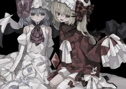  2girls alternate_costume asymmetrical_legwear bare_shoulders bat_wings black_background blonde_hair bow checkered_bow checkered_clothes crystal dress embodiment_of_scarlet_devil fang flandre_scarlet frills hat highres kneeling long_sleeves looking_at_viewer ludo_(grapewood1005) mob_cap multiple_girls muted_color one_side_up red_dress red_eyes red_skirt remilia_scarlet ribbon side_ponytail single_thighhigh skirt smile thigh-highs touhou white_dress white_hat wings 