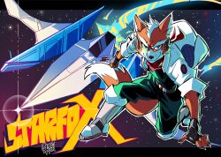  1boy aircraft airplane animal_ears arwing black_gloves boots character_name copyright_name fingerless_gloves fox_boy fox_ears fox_mccloud fox_tail furry furry_male gloves grin gurepyon highres jacket looking_at_viewer male_focus military on_one_knee science_fiction scouter smile solo space star_(sky) star_fox tail 