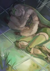  1girl absurdres antennae arthropod_girl black_leotard black_sclera braid closed_mouth colored_sclera colored_skin craneodes extra_arms fang green_eyes green_hair hair_between_eyes highres indie_virtual_youtuber insect_wings juniper_actias juniper_actias_(space_invader) leotard looking_at_viewer lying monster_girl moth_antennae moth_girl moth_wings on_side pointy_ears skin_fang solo thighs twin_braids virtual_youtuber white_fur white_hair white_skin wings 