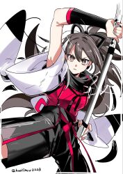  1girl black_hair black_scarf black_shorts breasts brown_eyes commentary_request cropped_shirt fate/grand_order fate_(series) high-waist_shorts highres katana kawakami_gensai_(fate) kawakami_gensai_(first_ascension)_(fate) kuriimu0203 long_hair long_sleeves looking_at_viewer medium_breasts multicolored_hair ponytail red_shirt scarf shirt shorts sidelocks solo streaked_hair sword thighs weapon white_hair white_sleeves wide_sleeves 