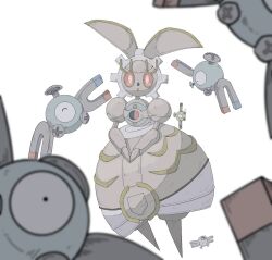  1girl :o avocado_539 colored_sclera floating full_body gears humanoid_robot looking_at_viewer magearna magearna_(normal) magnemite magnet open_mouth pink_eyes pink_sclera pokemon pokemon_(creature) pokemon_focus robot simple_background standing white_background 