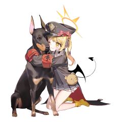  1girl absurdres animal_bag animal_hug armband black_coat black_hat blonde_hair bloomers blue_archive blush boots bow closed_mouth coat demon_tail dobermann dog full_body grey_skirt hair_ribbon halo hat hat_bow highres ibuki_(blue_archive) kneeling long_hair low_wings one_eye_closed open_clothes open_coat oversized_clothes peaked_cap pepperdevil pleated_skirt ribbon simple_background skirt sleeves_past_fingers sleeves_past_wrists smile solo tail white_background wings yellow_boots 