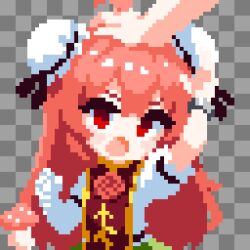  1girl bandaged_arm bandages blush bun_cover commentary_request cuffs double_bun flower hair_bun highres ibaraki_kasen looking_at_viewer open_mouth pink_hair pixel_art red_eyes rose short_hair short_sleeves solo tabard tagme takeez3 touhou 