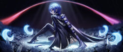  1girl absurdres arms_behind_back black_background black_cloak boots bound cloak closed_mouth crescent crescent_earrings earrings flower hair_over_one_eye highres jewelry kangg knee_up light_rays long_hair looking_at_viewer promeia_(zenless_zone_zero) purple_hair sitting solo thigh_boots very_long_hair violet_eyes white_flower zenless_zone_zero 