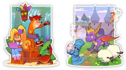  1boy 1other 2girls aku_aku animification blonde_hair bug castle coco_bandicoot commentary computer crab crash_bandicoot crash_bandicoot_(series) crate dav-19 dragon dragonfly egg english_commentary fairy fairy_wings furry furry_female furry_male grass high_ponytail laptop long_hair multiple_girls orange_hair outdoors overalls pants ponytail sheep sitting sparx_(spyro) spyro_(series) spyro_the_dragon thief_(spyro) transparent_background wings yo-yo zoe_(spyro) 