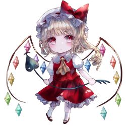  1girl absurdres ascot blonde_hair bow chibi chibi_only closed_mouth collared_shirt commentary_request crystal crystal_wings flandre_scarlet frilled_shirt_collar frilled_skirt frills hat hat_bow highres holding holding_weapon laevatein_(touhou) long_hair mob_cap multicolored_wings one_side_up puffy_short_sleeves puffy_sleeves red_bow red_eyes red_shoes red_skirt red_vest shirt shoes short_sleeves skirt skirt_set socks solo suzushina touhou vest weapon white_hat white_shirt white_socks wings yellow_ascot 