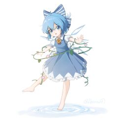  1girl back_bow barefoot blue_bow blue_dress blue_eyes blue_hair bow chinese_commentary cirno collared_shirt commentary_request detached_wings dress flower full_body hair_bow highres ice ice_wings lbcirno9 looking_at_viewer morning_glory neck_fur open_mouth pinafore_dress pink_flower plant puffy_short_sleeves puffy_sleeves ripples shirt short_hair short_sleeves sleeveless sleeveless_dress solo striped_bow sunflower toes touhou twitter_username vines white_bow white_shirt wings yellow_flower 
