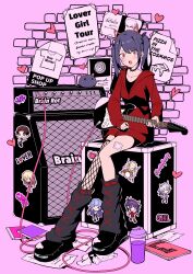  1girl absurdres akuma_nihmune black_shoes blush cup demon_horns electric_guitar facial_mark guitar heart heart_facial_mark highres hood hoodie horns indie_virtual_youtuber instrument leg_warmers mole mole_under_eye mozzu123 open_mouth poster_(object) purple_hair red_eyes red_hoodie red_horns shoes single_fishnet_legwear sitting sticker twintails virtual_youtuber 