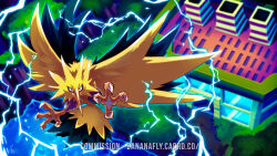  animal_focus bird building commentary commission electricity english_commentary flying full_body grass highres in-universe_location no_humans pokemon pokemon_(creature) pokemon_focus pokemon_heartgold_and_soulsilver solo talons tamarinfrog tree water web_address zapdos 