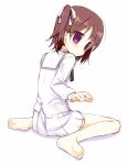  barefoot brown_hair feet looking_back meito_(artist) meito_(maze) original purple_eyes school_uniform short_hair sitting soles solo toes twintails violet_eyes 