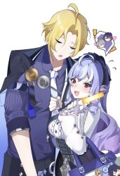 ! 2boys 2girls ahoge belle_(zenless_zone_zero) blonde_hair blue_hair blue_jacket blush bow commentary_request doguma_illust drill_hair exhausted grey_hair hairband happy_tears highres hugo_vlad jacket long_hair long_sleeves looking_at_viewer mole mole_under_eye multicolored_hair multiple_boys multiple_girls necktie open_mouth pants pointy_ears purple_bow purple_hair purple_hairband purple_shirt red_eyes shirt short_sleeves shrug_(clothing) simple_background streaked_hair sweatdrop tears vivian_banshee white_background white_necktie white_shrug wise_(zenless_zone_zero) zenless_zone_zero 