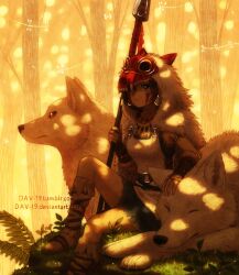  1girl animal boots brown_hair commentary dappled_sunlight dav-19 earrings english_commentary expressionless facepaint facial_mark forest grass holding holding_polearm holding_weapon hood hood_up jewelry looking_at_viewer mask mononoke_hime nature necklace outdoors pelt polearm san_(mononoke_hime) short_hair solo spear sunlight tooth_necklace warm_colored weapon web_address wolf wolf_pelt 