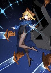  1girl absurdres black_choker black_eyes black_pantyhose choker commentary dress english_commentary expressionless floating floating_object floating_sword floating_weapon full_body genderswap genderswap_(mtf) glint high_heels highres kawara_pigeon medium_hair minion_(slay_the_spire) off-shoulder_dress off_shoulder pantyhose see-through_clothes see-through_dress shorts sky slay_the_spire slay_the_spire_2 solo_focus star_(sky) starry_sky sword the_regent_(slay_the_spire) virtual_youtuber weapon yellow_pupils 