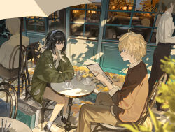  1boy 1girl 2others alternate_costume animal_ears arknights bad_anatomy bad_hands bag black_hair black_pants blonde_hair blue_eyes blurry blurry_foreground brother_and_sister brown_jacket brown_pants building cafe coat commentary cup dog_ears feather_hair feet_out_of_frame full_body green_coat grey_eyes highres holding holding_menu jacket kasumi_yuzuha la_pluma_(arknights) long_sleeves looking_at_another menu menu_board multiple_others open_mouth outdoors pants patio_umbrella saucer shirt shopping_bag short_hair siblings sitting sleeves_past_wrists sleeves_rolled_up standing sunlight table tequila_(arknights) umbrella white_shirt window 