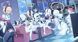  6+girls animal_ear_headphones animal_ears aqua_halo aris_(blue_archive) bandaged_hand bandages black_hair black_hairband black_mask black_skirt black_thighhighs blindfold blonde_hair blue_archive blue_necktie cat_ear_headphones cat_ears checkered_floor clenched_teeth colored_skin controller couch covered_eyes double-parted_bangs ein_(blue_archive) fake_animal_ears forehead game_controller game_development_department_(blue_archive) green_halo hair_between_eyes hair_over_one_eye hairband halo headphones highres holding holding_controller holding_game_controller indoors jacket kei_(blue_archive) kei_(new_body)_(blue_archive) long_hair long_hair_between_eyes low-tied_sidelocks malkuth_(blue_archive) mask meruki momoi_(blue_archive) monitor multicolored_jacket multiple_girls necktie ohr_(blue_archive) on_couch one_side_up open_mouth orange_halo pink_eyes pink_halo power_symbol rectangular_halo red_hair respirator ringed_eyes short_hair siblings sidelocks sisters sitting skirt sof_(blue_archive) symbol-shaped_pupils teeth thigh-highs triplets twins two-tone_jacket white_hair white_jacket white_skin x-shaped_pupils yellow_eyes yellow_halo yuzu_(blue_archive) 