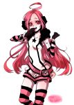  ahoge earmuffs gloves headphones long_hair microphone miki miki_(vocaloid) pink_hair red_eyes sf-a2_miki simple_background smile solo striped striped_legwear striped_thighhighs thigh-highs thighhighs vocaloid whi 
