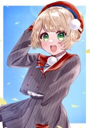  1girl arm_up blonde_hair blue_background blush bob_cut fumameme1_2 green_eyes grey_skirt hair_ornament hat highres indie_virtual_youtuber looking_at_viewer open_mouth pinstripe_jacket pinstripe_pattern pinstripe_skirt pom_pom_(clothes) pom_pom_hair_ornament red_hat red_sailor_collar sailor_collar shigure_ui_(1st_costume)_(vtuber) shigure_ui_(vtuber) short_hair side_up_ring skirt solo virtual_youtuber 