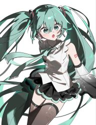  1girl :o aqua_eyes aqua_hair aqua_necktie aqua_ribbon aqua_trim arm_tattoo black_skirt blush breasts collared_shirt commentary cowboy_shot crossed_bangs detached_sleeves dot_nose facing_viewer grey_thighhighs hair_between_eyes hair_ornament hatsune_miku hatsune_miku_(nt) headset highres jjeogi38 layered_sleeves long_hair looking_to_the_side miniskirt neck_ribbon necktie number_tattoo open_mouth piano_print piapro_studio pleated_skirt ribbon see-through_clothes see-through_sleeve_layer see-through_sleeves shirt sidelocks simple_background skirt sleeveless sleeveless_shirt solo tattoo thigh-highs twintails untucked_shirt very_long_hair vocaloid white_background white_shirt zettai_ryouiki 