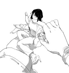  3girls bracelet breasts cho_kaguya-hime! closed_eyes closed_mouth greyscale high_heels highres holding holding_mini_person jewelry kaguya_(cho_kaguya-hime!) lab_coat medium_breasts mini_person monochrome multiple_girls open_mouth pants pom_dovu runami_yachiyo sakayori_iroha simple_background white_background 