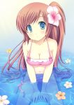  :o blue_eyes breasts brown_hair cleavage collarbone flower hibiscus highres kaiware-san long_hair looking_at_viewer original side_ponytail solo submerged swimsuit 