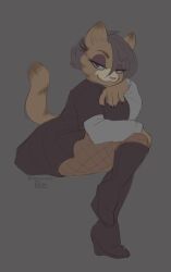  1girl absurdres animal_ear_fluff animal_ears animal_nose artist_name body_fur boots cat_ears cat_girl cat_tail closed_mouth eyeshadow fishnet_pantyhose fishnets full_body furry furry_female garfield garfield_(character) genderswap genderswap_(mtf) goth_fashion gothfield grey_background hair_between_eyes half-closed_eyes hand_up high_heel_boots high_heels highres invisible_chair knee_boots layered_sleeves long_sleeves looking_at_viewer makeup mittz_the_trash_lord original pantyhose partial_humanization pleated_skirt shirt short_hair short_over_long_sleeves short_sleeves simple_background sitting sketch skirt smile snout solo tail twitter_username 