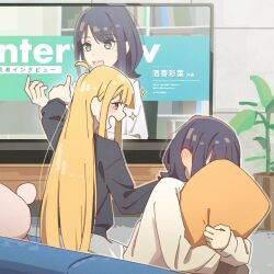  2girls auklet5580 black_hair black_shirt blonde_hair blush brown_eyes cho_kaguya-hime! ear_blush embarrassed highres hugging_object kaguya_(cho_kaguya-hime!) long_hair medium_hair multiple_girls open_mouth pointing sakayori_iroha shirt 