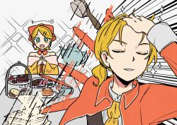  1boy 1girl adjusting_hair afterimage aku_no_meshitsukai_(vocaloid) aku_no_musume_(vocaloid) allen_avadonia amused ascot bare_shoulders blush_stickers bow bread brother_and_sister brown_vest cake chocolate_cake choker closed_eyes coat collar collared_coat collared_jacket collared_shirt commentary_request cup cupcake detached_collar dress evillious_nendaiki food hair_bow hair_brush hair_ornament hair_slicked_back hairclip hand_in_own_hair hand_on_own_head happy high_ponytail highres impressed jacket kagamine_len kagamine_rin meat_lantern_(project_moon) meme multitasking mundane_made_awesome naoya_hitting_choso_without_looking_(meme) off-shoulder_dress off_shoulder open_clothes open_coat open_jacket orange_bow orange_choker orange_coat orange_collar orange_jacket parallel_hairclips parody pastry ponytail riliane_lucifen_d'autriche scene_reference serving shirt short_ponytail siblings sidelocks signing smear_frame smile smug sparkle swept_bangs tea_party teacup teapot tentekomen tiered_tray twins updo vest wide_sleeves yellow_ascot yellow_dress 