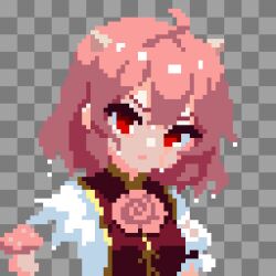  1girl breasts bun_cover cuffs flower highres horns ibaraki_kasen pink_eyes pink_hair pixel_art red_eyes rose shirt short_hair short_sleeves solo tabard takeez3 touhou wet wet_clothes 