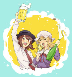  2girls ^_^ alcohol beer beer_bottle black_hat blonde_hair blush bow brown_eyes brown_hair closed_eyes collared_dress collared_shirt commentary contrast_collar cup dress drink drink_request glass_bottle hair_between_eyes hair_bow hat holding holding_cup holding_drink kannari long_sleeves maribel_hearn multiple_girls neck_ribbon necktie open_mouth purple_dress red_necktie ribbon shirt sleeve_cuffs teeth tie_clip touhou upper_teeth_only usami_renko white_bow white_shirt 