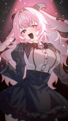  1girl animal_ears asymmetrical_horns backward-facing_horns bell bell_bow black_liquid black_mouth blush bow bowtie breasts commentary cross cross_in_eye demon_girl drooling femme_soule goat_horns hair_intakes happy heart heterochromia highres horns inverted_cross large_breasts liquid liquid_from_mouth long_hair looking_at_viewer mismatched_horns nishi_natsure notched_ear open_mouth pink_eyes pink_hair pink_liquid pouring pukey_goddess_shot_trick saliva solo 