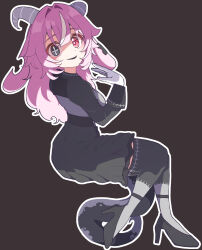  1girl absurdres animal_ears apron backward-facing_horns bell black_apron black_background black_bow black_bowtie black_eyes black_shoes black_skirt black_sleeves black_thighhighs bow bowtie cross cross-shaped_pupils femme_soule fingernail_gloves floppy_ears frilled_skirt frills gloves goat_ears goat_horns grey_shirt hair_intakes heterochromia high_heels highres horns inverted_cross juliet_sleeves long_sleeves looking_at_viewer mismatched_pupils multicolored_hair neck_bell notched_ear open_mouth outline panatisia pink_eyes pink_hair puffy_sleeves pukey_goddess_shot_trick shirt shoes sidelocks simple_background sitting skirt smile snake_tail solo streaked_hair symbol-shaped_pupils tail thigh-highs white_gloves white_outline white_streaks 