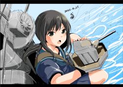  1girl :o black_hair blue_neckerchief blue_sailor_collar blue_shirt blue_skirt blush commentary_request dated from_above fubuki_(kancolle) fubuki_kai_san_(kancolle) green_eyes highres holding holding_turret kantai_collection letterboxed long_hair looking_at_viewer low_ponytail mast mochisaka_mitsuki neckerchief on_water open_mouth pleated_skirt ponytail radar rigging sailor_collar ship_turret shirt short_sleeves sidelocks signature skirt smokestack solo strap thighs 