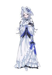  1girl aotsuki_eito black_gloves book bow breasts chinese_commentary closed_mouth commentary_request crescent_print dress frilled_hat frilled_sleeves frills full_body genderswap genderswap_(mtf) glasses gloves grey_hair hat hat_bow highres holding holding_book juliet_sleeves large_breasts long_dress long_hair long_sleeves looking_at_viewer mahou_shoujo_no_majo_saiban parody puffy_sleeves purple_bow shoes simple_background smile solo standing textless_version the_hundred_line_-last_defense_academy- violet_eyes white_background white_dress white_hat white_shoes xiaozhao_aki 