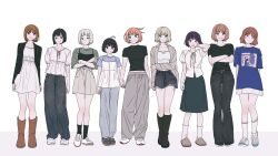  6+girls absurdres amatori_chika ayatsuji_haruka black_boots black_camisole black_hair black_jacket black_pants black_shirt black_shoes black_skirt black_socks blonde_hair blue_eyes blue_pants blue_shirt bob_cut boots brown_boots brown_eyes brown_hair brown_jacket brown_shoes brown_shorts camisole camisole_over_clothes commentary denim denim_shorts dress fujimaru_nono full_body green_eyes grey_pants grey_shirt highres hiyami_aki jacket jeans kon_yuka konami_kirie mikami_kaho multiple_girls nasu_rei open_clothes open_jacket orange_hair oru_2ji pants purple_hair red_eyes shirt shoes short_hair shorts simple_background skirt slippers socks standing ui_madoka violet_eyes white_background white_camisole white_dress white_shirt white_shoes white_skirt white_socks world_trigger 