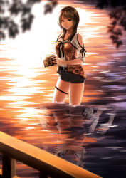  1girl bare_shoulders belt black_ribbon branch brown_eyes brown_hair collarbone commentary fatal_frame fatal_frame:_maiden_of_black_water gem ghost kozukata_yuuri looking_at_viewer looking_to_the_side night pond ribbon riolabo short_shorts shorts thigh_strap wading water wet wet_clothes 