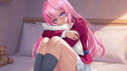  1girl advanced_nurturing_high_school_uniform bed blazer blue_eyes english_commentary feet_out_of_frame grey_socks highres holding holding_pillow hugging_object ichinose_honami_(youjitsu) indoors jacket knees_up long_hair looking_at_viewer on_bed papsjimenez pillow pink_hair pleated_skirt red_jacket school_uniform shirt skirt socks solo stuffed_animal stuffed_toy teddy_bear thighs white_shirt white_skirt youkoso_jitsuryoku_shijou_shugi_no_kyoushitsu_e 