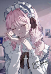  1other akiyama_mizuki akiyama_mizuki_(middle_school) artist_name blue_trim bow bowtie brown_bow brown_bowtie buttons character_doll closed_eyes closed_mouth collared_dress colorful_festival_(project_sekai) commentary commission doll dress drill_hair eyelashes fingernails frilled_dress frills furrowed_brow gem hairband hands_up highres holding holding_doll light_blush lips lolita_fashion lolita_hairband long_hair long_sleeves official_alternate_costume official_alternate_hairstyle other_focus pearl_(gemstone) pink_hair project_sekai puffy_long_sleeves puffy_sleeves sad_smile signature smile solo split_mouth striped_bow striped_bowtie striped_clothes sun_cooing u_u upper_body white_dress 
