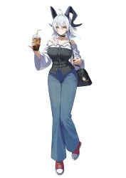  1girl absurdres ahoge alternate_costume bag bare_shoulders black_bag black_choker black_shirt blue_pants casual choker closed_mouth collarbone commentary crossed_bangs cup demon_horns earrings eh99 facing_viewer full_body hair_between_eyes highres holding holding_cup horns jewelry layered_shirt long_sleeves medium_hair off-shoulder_shirt off_shoulder pants red_eyes red_shoes shirt shoes shoulder_bag simple_background sneakers standing strapless strapless_shirt white_background white_hair white_shirt wide_sleeves wuthering_waves zani_(wuthering_waves) 