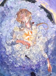  1boy absurdres air_bubble arm_at_side blonde_hair bow bubble choroi_amachori closed_eyes collared_shirt commentary_request curtained_hair earrings flower hair_bow highres jewelry long_hair male_focus parted_bangs parted_lips ponytail prince_(sayonara_lara) red_bow rose sayonara_lara shirt solo three-quarter_sleeves too_many_flowers unconscious white_flower white_rose white_shirt 