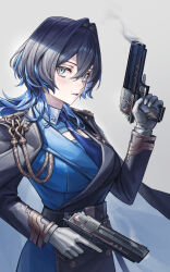  1girl absurdres black_coat black_hair black_jacket blue_eyes blue_hair blue_jacket blue_necktie blue_shirt buttons closed_mouth coat coat_on_shoulders collared_shirt colored_inner_hair commentary double-breasted gloves gun hair_intakes handgun highres holding holding_gun holding_weapon hololive hololive_english jacket looking_at_viewer mcking military_jacket military_uniform multicolored_hair multicolored_jacket necktie official_alternate_costume ouro_kronii ouro_kronii_(4th_costume) shirt smoke smoking_barrel solo trigger_discipline two-tone_hair two-tone_jacket virtual_youtuber weapon white_gloves wolf_cut 