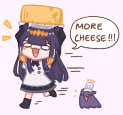  1girl =_= apron arms_up cheese cheese_wheel chef_hat commentary english_commentary english_text fang food halo hat hololive hololive_english long_hair mole mole_under_eye multicolored_hair ninomae_ina'nis ninomae_ina'nis_(pastry_chef) open_mouth orange_hair purple_hair sappysque smile takodachi_(ninomae_ina'nis) tentacle_hair virtual_youtuber 