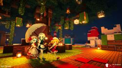  1girl 2girls absurdres apron ascot bat_wings blonde_hair blue_eyes blue_hair blush bow braid chinese_commentary commentary_request crystal dress flandre_scarlet frills game_screenshot_background grey_hair hair_bow hat hat_ribbon highres izayoi_sakuya long_hair maid maid_headdress minecraft mob_cap multiple_girls open_mouth pixel_art puffy_sleeves purple_hair red_eyes remilia_scarlet ribbon screenshot_background shirt short_hair short_sleeves side_ponytail skirt smile takeez3 touhou twin_braids wings 