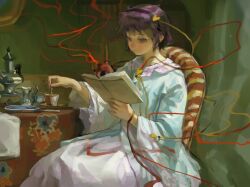  1girl black_hairband blue_shirt book chair closed_mouth creamer_(vessel) cup disembodied_linked_eye frilled_sleeves frills hairband holding holding_book indoors komeiji_satori long_sleeves mmzzyy on_chair pink_skirt purple_hair reading ribbon-trimmed_collar ribbon_trim saucer shirt short_hair sitting skirt solo stirring table tablecloth teacup teapot touhou violet_eyes wide_sleeves 