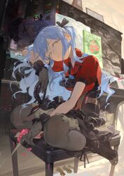  1girl absurdres ascot bang_dream! bang_dream!_it's_mygo!!!!! black_ascot black_boots black_corset black_gloves black_mask black_ribbon blue_hair boots brooch chinese_commentary closed_mouth commentary_request corset danbaofan_omuless different_reflection earrings gloves grey_pantyhose hair_ribbon head_tilt high_heel_boots high_heels highres holding holding_mask instrument jewelry long_hair looking_at_viewer mask masquerade_mask notebook oblivionis_(bang_dream!) pantyhose paper piano piano_bench puffy_short_sleeves puffy_sleeves red_shirt reflection ribbon sheet_music shirt short_sleeves sidelocks sitting solo togawa_sakiko two_side_up yellow_eyes 