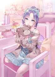  1girl absurdres bare_shoulders blue_eyes blue_hair blue_negligee blue_scrunchie brown_jacket chair commission hair_bun highres hugging_object indie_virtual_youtuber jacket long_sleeves looking_at_viewer multicolored_hair negligee off_shoulder pink_theme purple_hair scrunchie sitting skeb_commission smile streaked_hair stuffed_animal stuffed_toy suzuri_suzuna teddy_bear virtual_youtuber wrist_scrunchie 