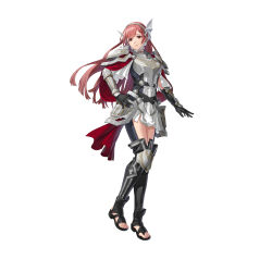  1girl absurdres armor armored_legwear black_dress black_gloves black_thighhighs breastplate breasts cape cherche_(fire_emblem) cherche_(resplendent)_(fire_emblem) closed_mouth commentary_request dress fire_emblem fire_emblem_awakening fire_emblem_heroes gloves hairband hand_on_own_hip helswath highres long_hair looking_at_viewer medium_breasts official_alternate_costume official_art pink_eyes pink_hair red_cape red_eyes red_hair sandals second-party_source shoulder_armor simple_background smile solo thigh-highs thighs white_background 